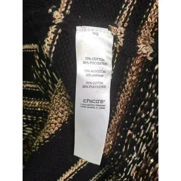 Chico’s Size 2 Large Black Gold Stripe Open Front Sweater Fringe Sequins - Picture 8 of 8